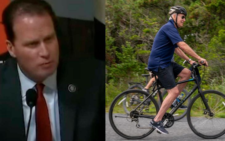 Left, August Pfluger in a committee hearing with Sec. of Homeland Mayorkas testifying; left President Joe Biden on a bicycle