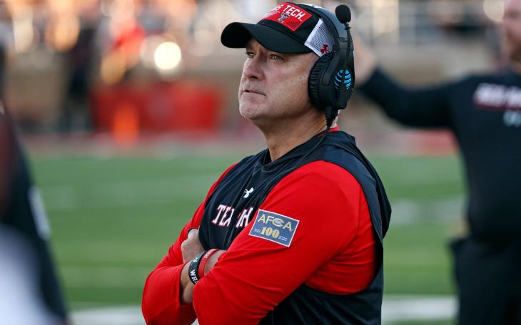 Texas Tech coach Joey McGuire watches during the first half of the team's NCAA college football game against Murray State, Saturday, Sept. 3, 2022, in Lubbock, Texas. (AP Photo/Brad Tollefson)