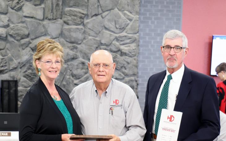 LeAnne and David Byrd at the donation presentation with Dr. John E. Freeman, Howard College Board of Trustees Chairman.