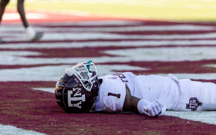Texas A&amp;M wide receiver Evan Stewart (1) lays in the end zone after dropping a pass during an NCAA football game against Mississippi State, Saturday, Oct. 1, 2022, in Starkville, Miss. (AP Photo/Vasha Hunt)