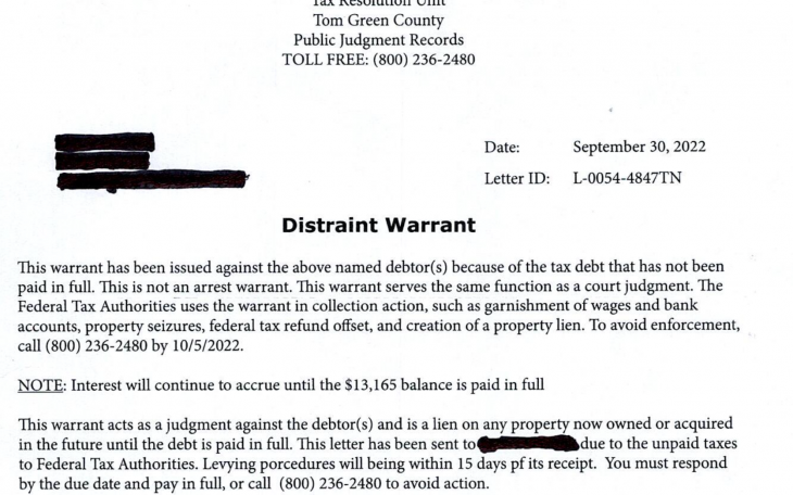 Fake Tax Warrant Image (Contributed/TGCAD)