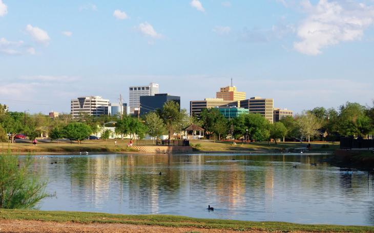 Downtown Midland, Texas on a Sunny Day as Seen Over the Pond at Wadley Barron Park