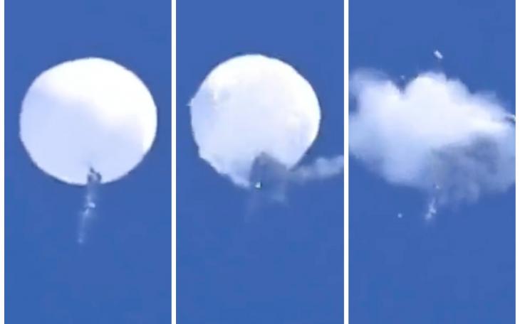 The suspected Chinese spy balloon is shot down by an F-22 off the coast of South Carolina on Feb. 4, 2023.