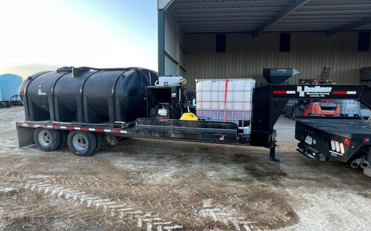 A 32-foot gooseneck trailer holding a 3,000-gallon water tank with a pumping system connected to it was still missing Wednesday night, May 10, 2023. There were two white totes full of herbicide on the front end of the trailer.
