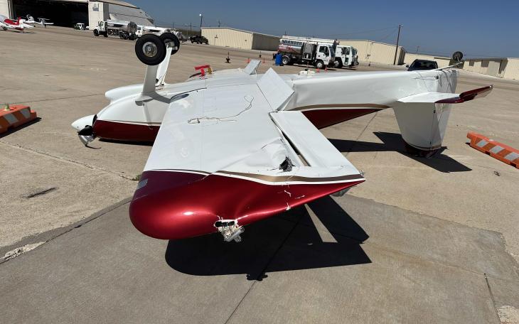 A small, general aviation plane has been resting upside down on the tarmac at San Angelo’s Mathis Field since Thursday’s thunderstorms. The plane, with its N-number registration taped over, appears to be a total loss.