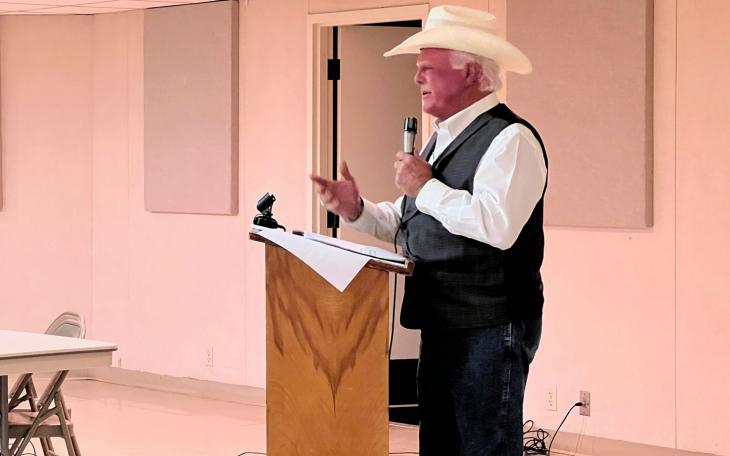 Texas Ag Commissioner Sid Miller speaks at the annual Texas Farm Bureau barbecue in Wall on August 8, 2023.