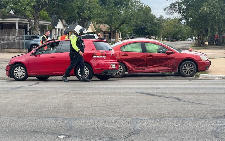 A red Mitsubishi sedan was T-boned by the red Volkswagen hatchback on Sept 12, 2023.
