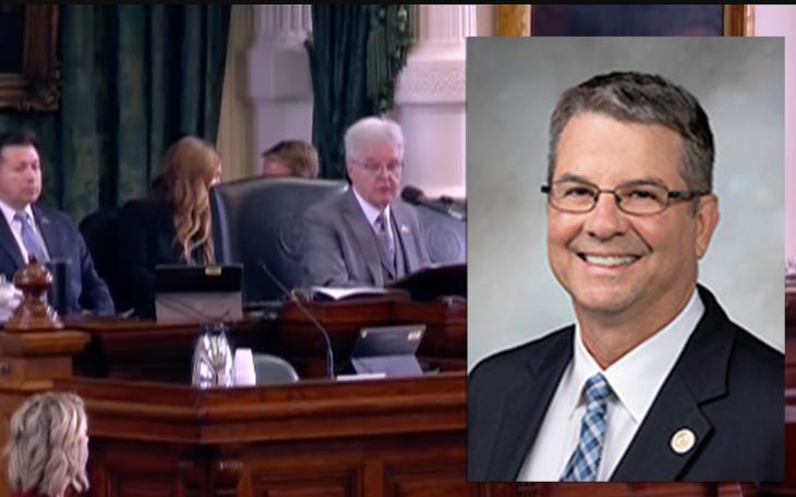 Sen. Charles Perry (inset) and the trial of the century to impeach AG Ken Paxton. Lt. Gov. Dan Patrick sat as the judge of the trial.