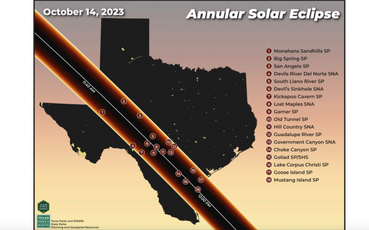 Solar Eclipse Oct. 14, 2023 Path Texas (Courtesy TPWD)