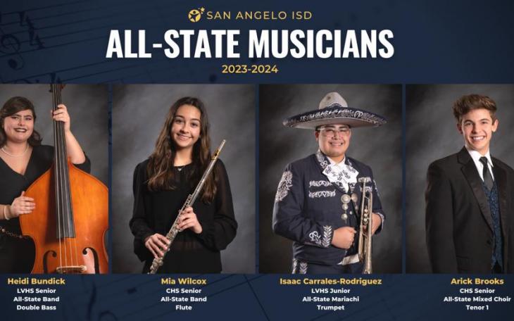 The 2023-2024 All-State Musicians of the San Angelo ISD: Heidi Bundick, LVHS senior, All-State Band, double bass; Mia Wilcox, CHS senior, All-State Band, flute; Isaac Carrales-Rodriguez, LVHS junior, All-State Mariachi, trumpet; and Arick Brooks, CHS senior, All-State Mixed Choir, tenor,