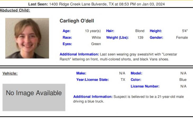 Carleigh O'dell Abducted (Courtesy AmberAlert)