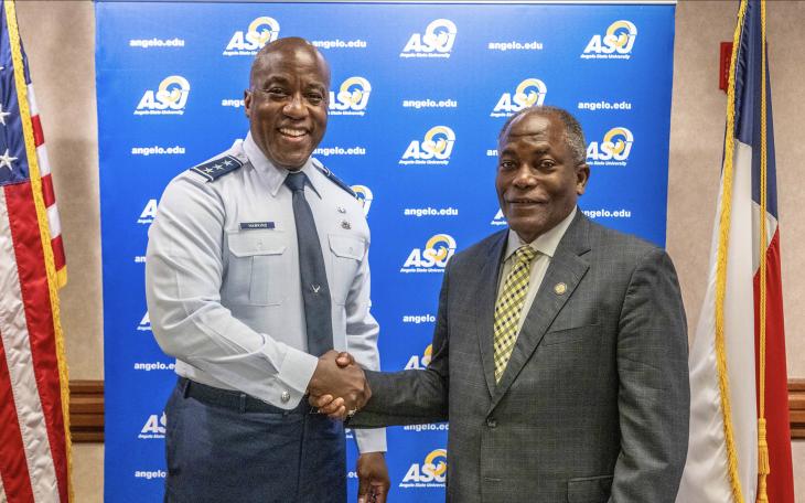 USAF Lt. Gen. Stacey Hawkins (Left) and Angelo State University President Lt. Gen. Ronnie Hawkins Jr. (Right)