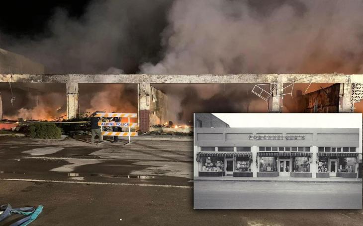 The aftermath of the May 26, 2024 fire in downtown Alpine. Inset is a historic photo of what the building looked like years ago.