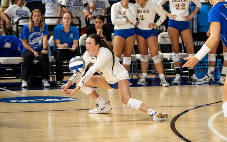 Angelo State's Madi Parrish makes a dig for the Rambelles in a match during the 2024 season.