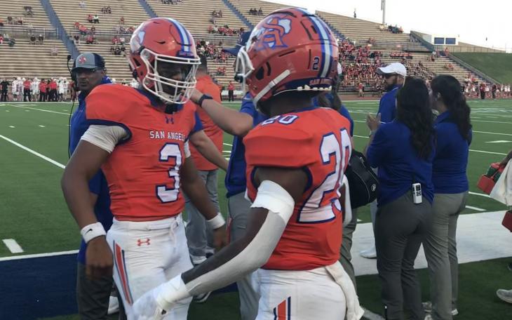San Angelo Central quarterback Christian English and running back Elijah Allen celebrate after a touchdown against Belton on Friday, Sept. 20, 2024, at San Angelo Stadium.