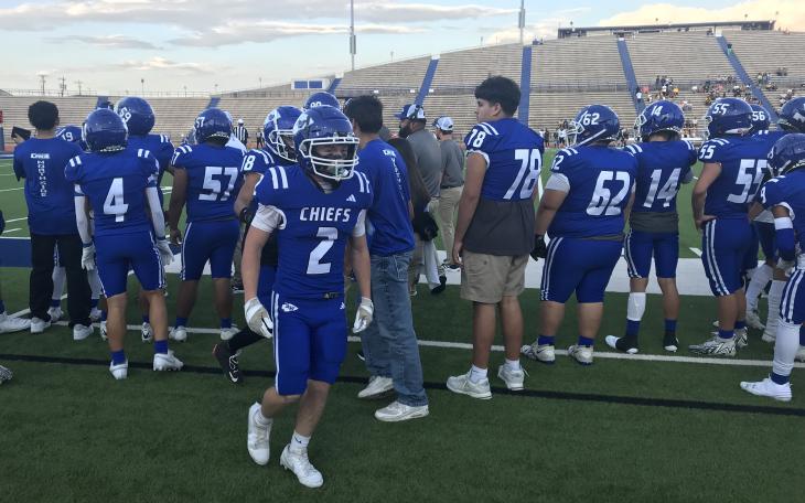 Lake View wide receiver Chris Rodela walks back to the bench after his 52-yard touchdown catch against Snyder on Friday, Sept. 6, 2024, at San Angelo Stadium.