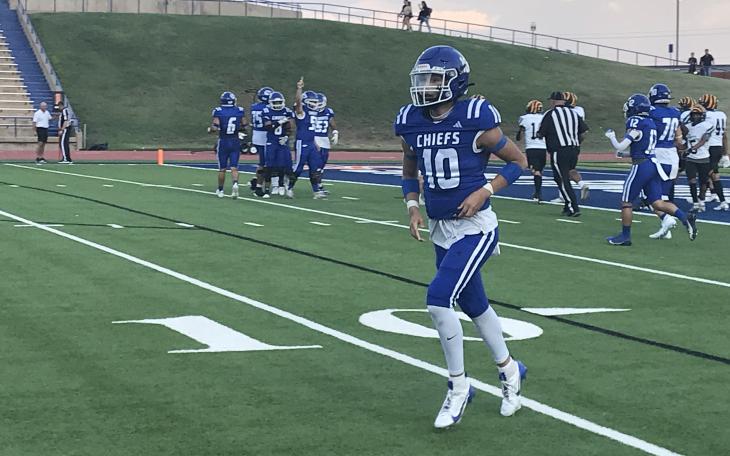 Lake View quarterback Chris Alvizo runs off the field after a 25-yard touchdown against Snyder on Friday, Sept. 6, 2024, at San Angelo Stadium.