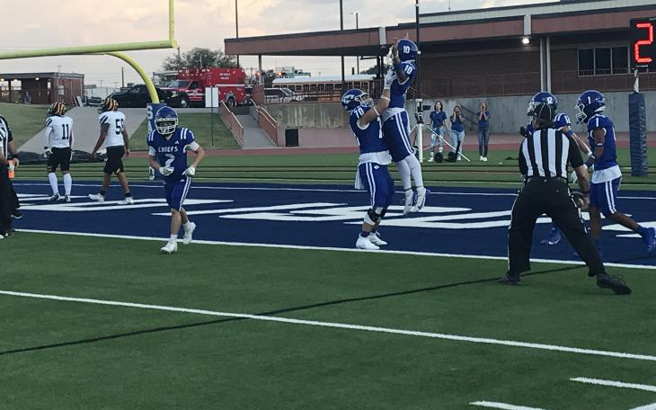 Lake View offensive lineman Trey Henry lifts quarterback Chris Alvizo after his 25-yard touchdown run Friday, Sept. 6, 2024, against Snyder at San Angelo Stadium.