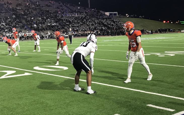 San Angelo Central wide receiver Gavin Johnson waits for the snap with Odessa Permian cornerback Nata Cardozo preparing for covering Friday, Oct. 18, 2024, at San Angelo Stadium.
