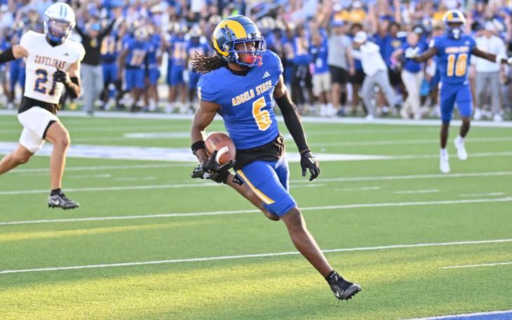 Angelo State wide receiver Kel Williams hauls in a 38-yard touchdown pass from Braeden Fuller on Saturday, Oct. 12, 2024.