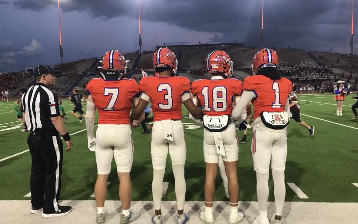 San Angelo Central captains Mason Van Sickle, Christian English, Jimmy Edwards and Zayden Norton prepare to walk to midfield for the coin toss against Odessa High on Friday, Nov. 1, 2024.