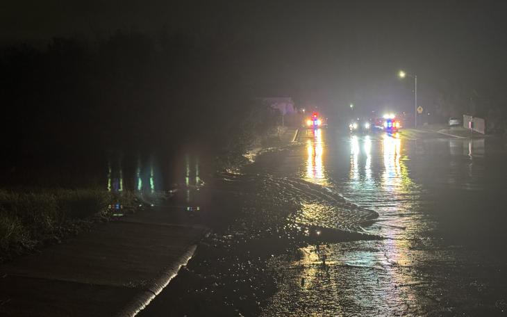 Emergency crews respond to a flooded roadway in San Angelo, where heavy rains have led to multiple water rescues across the city.