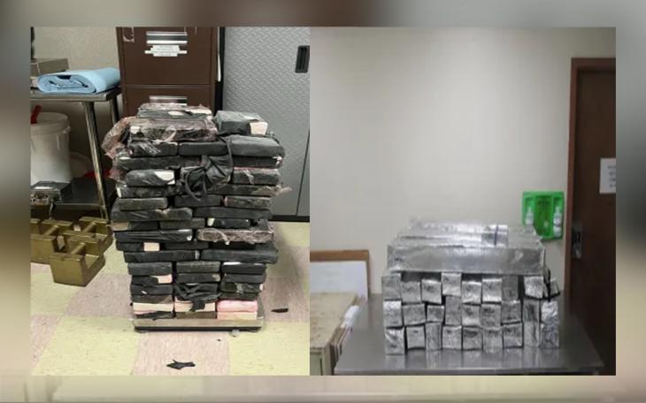 Packages of narcotics seized by CBP officers at Texas border crossings, including 245 pounds of cocaine in Brownsville (left) and 442 pounds of methamphetamine with 18 pounds of heroin in Hidalgo (right).