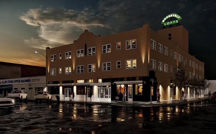 A rendering of the Roosevelt Lofts project in downtown San Angelo showcases the planned architectural lighting and exterior renovations. The historic building, originally constructed in 1929, is being transformed into modern loft apartments as part of a $6.5 million redevelopment led by Overland Property Group. The project is set for completion in late summer 2025. (Courtesy: Roosevelt Lofts / Overland Property Group)