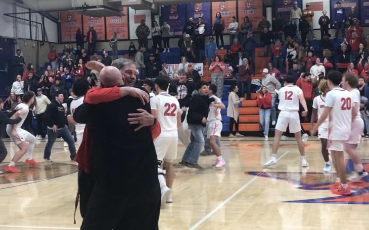 The Miles Bulldogs celebrate after defeating Christoval 66-65 in the opening round of the playoffs Tuesday, Feb. 18, 2025.