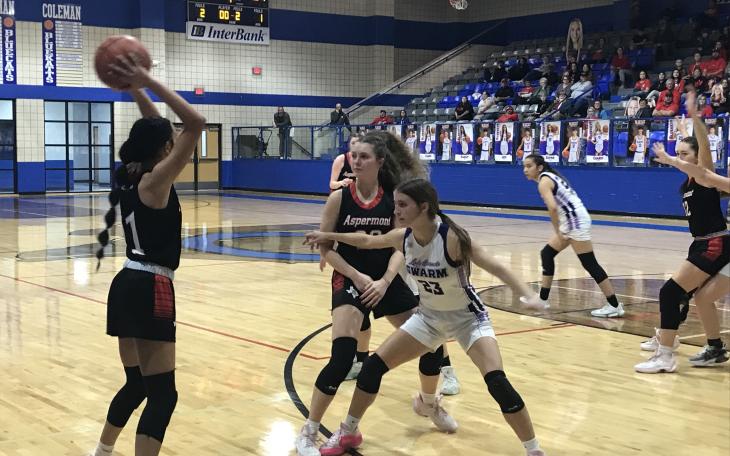 Irion County's Berkley Callaway plays defense in the Lady Hornets' 60-30 win over Aspermont on Monday, Feb. 17, 2025, in the regional semifinals.