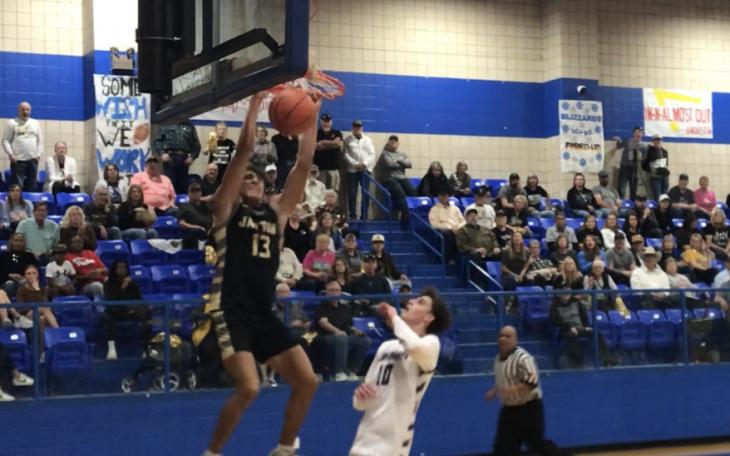 Jayton's Sean Stanaland, who had 26 points, dunks the ball in a 68-44 win over Irion County in the regional semifinals Tuesday, Feb. 25, 2025.