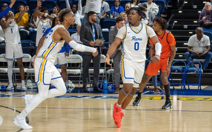 Shemar Smith (left) and Carvell Teasett celebrate during the Angelo State men's basketball team's 74-67 win over UT Permian Basin on Thursday, Feb. 27, 2025.