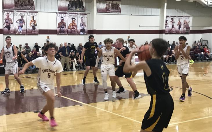 Menard's Jaeger Leonard fires a 3-pointer against Paint Rock on Tuesday, Feb. 4, 2025.
