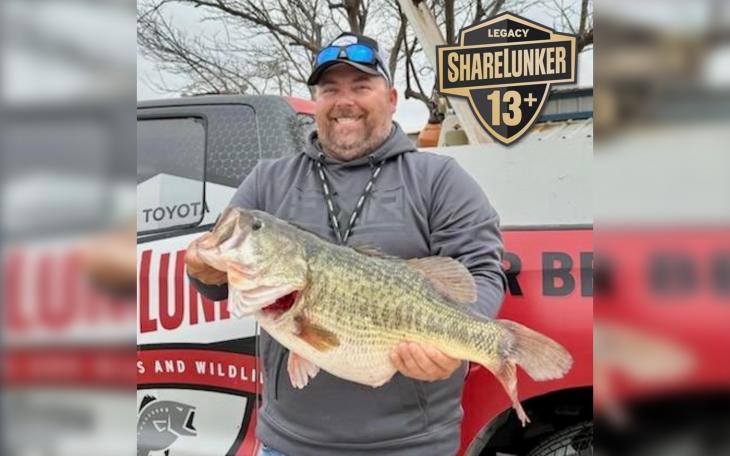Angler Branden Burkhardt of Verdigris Oklahoma landed 13.14-pound ShareLunker 677 and pushed the overall collection season total to eight Legacy Class Lunkers.
