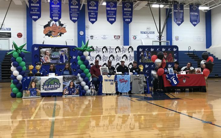 Three athletes from Lake View High School signed to play collegiately during a ceremony Thursday in Lake View’s Ben Norton Gym.