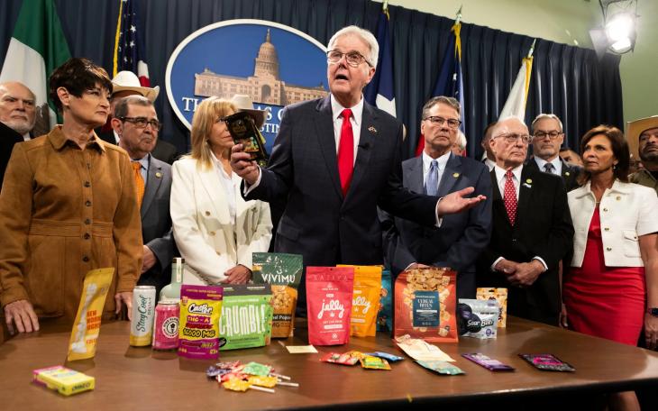 Lt. Gov. Dan Patrick speaks about Senate Bill 3 during a press conference in the Texas Capitol on May 28, 2025. Patrick, flanked by state lawmakers, argued the bill's ban on THC products would be a service to Texans, saving their lives. Credit: Lorianne Willett/The Texas Tribune