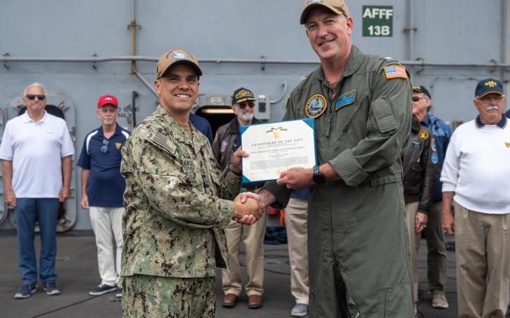 Lt. Michael Rangel, an Angelo State University graduate from San Angelo, Texas, was recognized by the U.S. Naval Academy Class of 1971 for his exemplary ethics and leadership during his service on the USS Theodore Roosevelt. (U.S. Navy photo by Mass Communication Specialist Seaman Alexander Bussman)