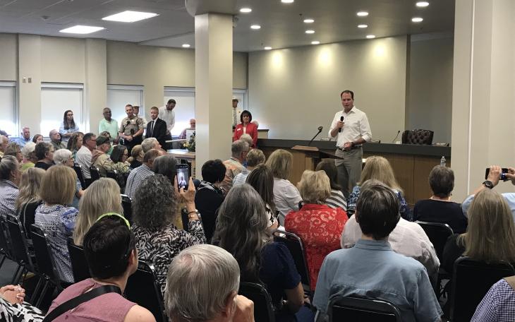A vocal crowd showed up to greet Rep. August Pfluger during a town hall meeting Monday in San Angelo.