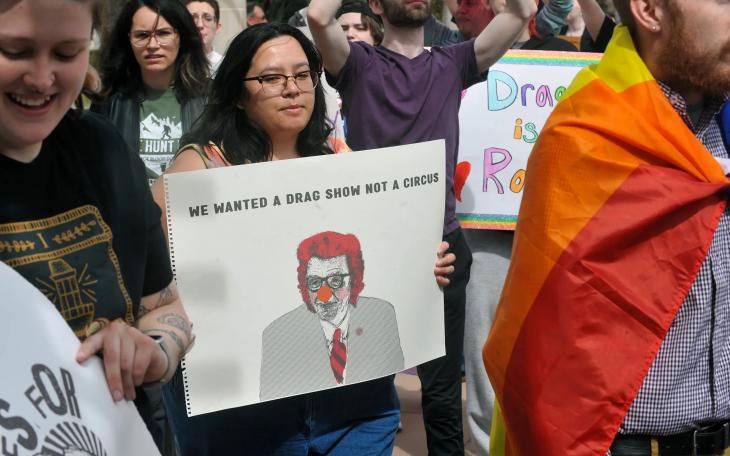 Protesters on March 23, 2023 demonstrated against the West Texas A&amp;M University president’s decision to cancel a drag performance. Credit: