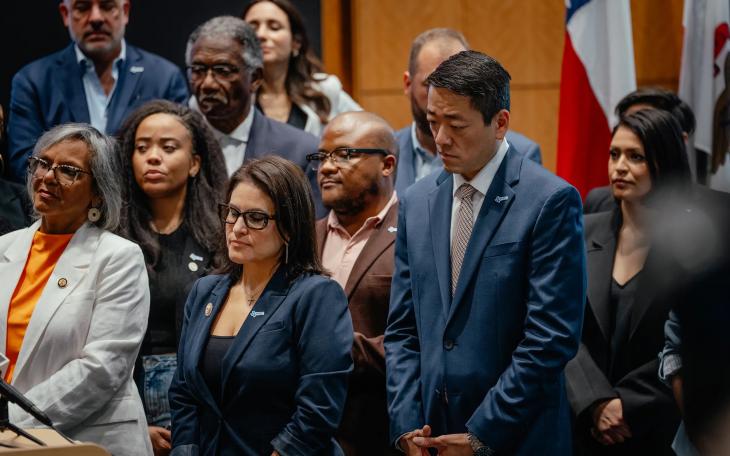 Members of the Texas House Democratic Caucus at a press conference at IBEW Local 701 in Warrenville, Ill., on Aug. 4, 2025.