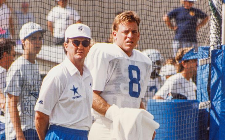 Walter Juliff at practice with then-Dallas Cowboys quarterback Troy Aikman - Courtesy of the Dallas Cowboys