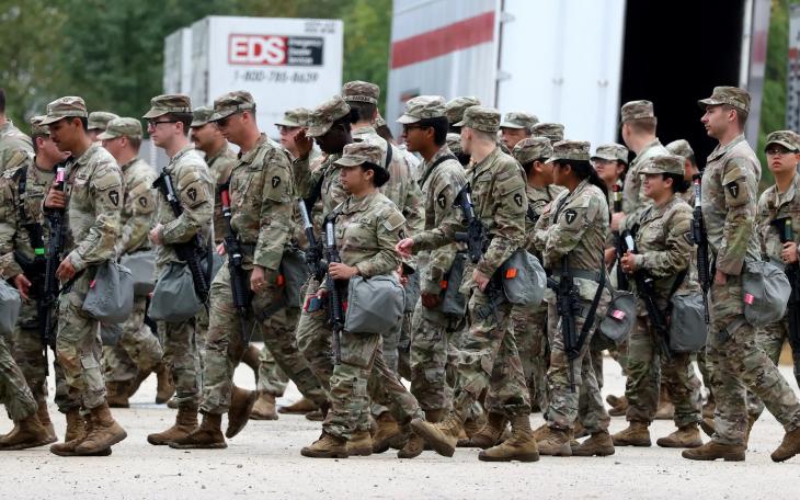 Members of the Texas National Guard assemble in Elwood, Illinois, at the Army Reserve Training Center in the southwest suburb of Chicago on Oct. 7, 2025.