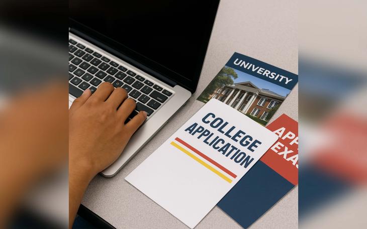 A close-up of a student’s hands typing on a laptop with college brochures nearby. 