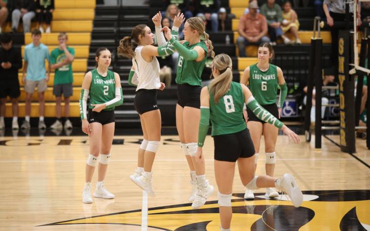 The Wall Lady Hawks celebrate a point during their regional semifinal win over Idalou on Thursday, Nov. 6, 2025.