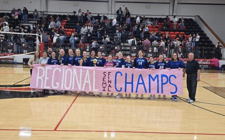 The Veribest volleyball team celebrates its four-set win over Klondike in the regional semifinals Tuesday, Nov. 11, 2025.