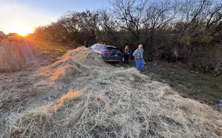 Hay bales that fell from a farmer’s truck caused a crash on US Highway 67 outside the town of Miles on Friday evening.