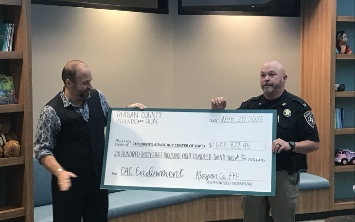 The Children’s Advocacy Center of Greater West Texas received a $633,000 donation Thursday from Reagan County’s Friends for Hope Coalition.
