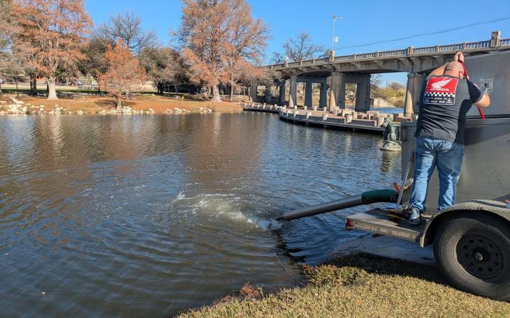 The Texas Parks and Wildlife Department stocked rainbow trout in the Concho River in downtown San Angelo on Tuesday for the final time in 2025.
