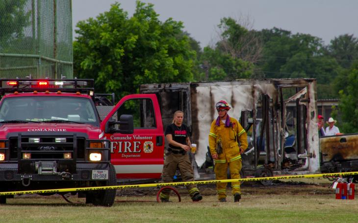 The Comanche Volunteer Fire Department tends to the scene of the fireworks explosion in Comanche, Texas on July 3, 2014. (Contributed photo, Justin Brundin)