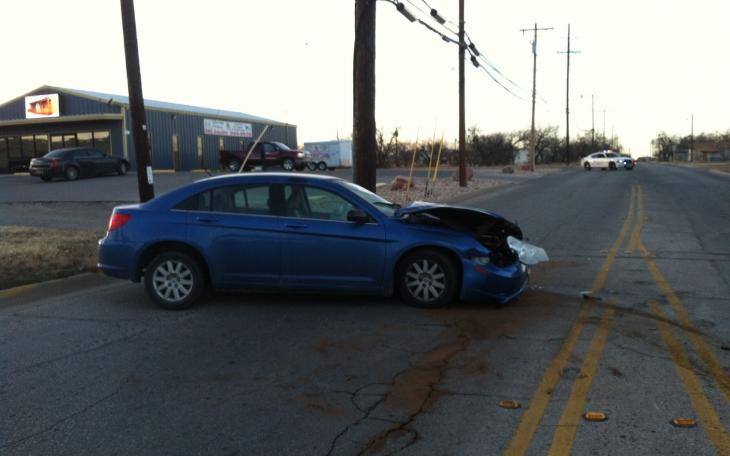 A blue Chrysler Sebring was in a vehicle accident at N. Garfield and the westbound frontage road to the Houston-Harte on Jan. 19, 2014. (LIVE! Photo/John Basquez)